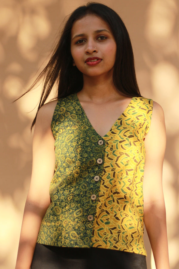 Front Buttoned Vest | Cotton | Green and Yellow Ajrakh