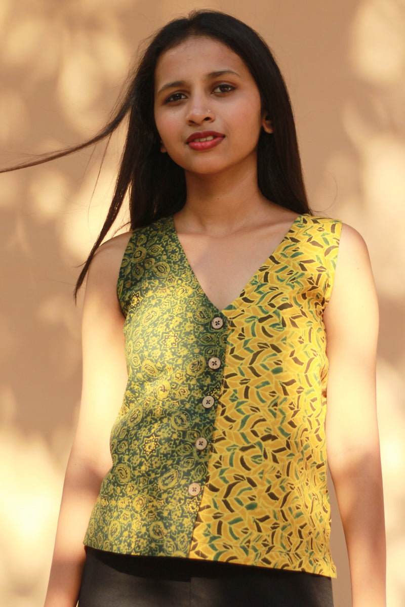 Front Buttoned Vest | Cotton | Green and Yellow Ajrakh