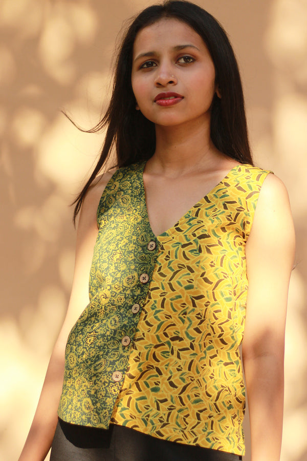 Front Buttoned Vest | Cotton | Green and Yellow Ajrakh