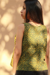 Front Buttoned Vest | Cotton | Green and Yellow Ajrakh
