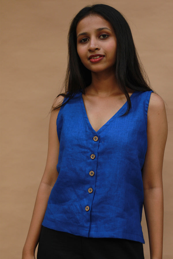 Front Buttoned Vest | Linen | Prussian Blue