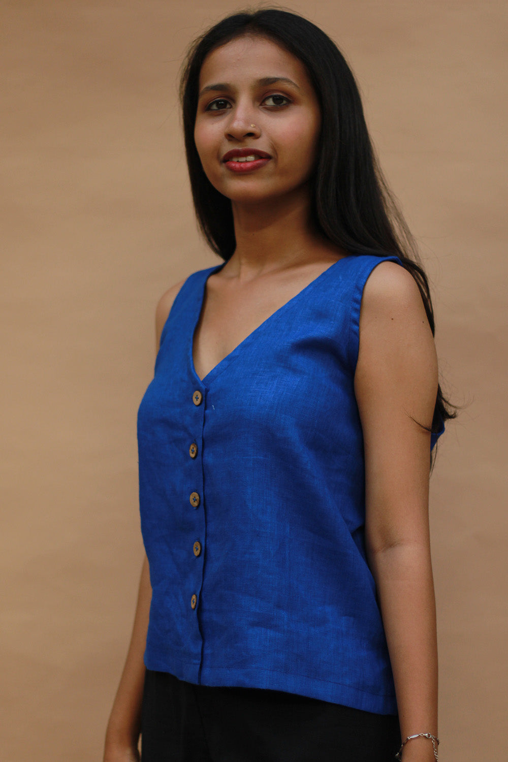 Front Buttoned Vest | Linen | Prussian Blue