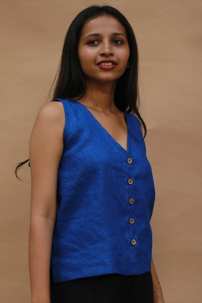 Front Buttoned Vest | Linen | Prussian Blue