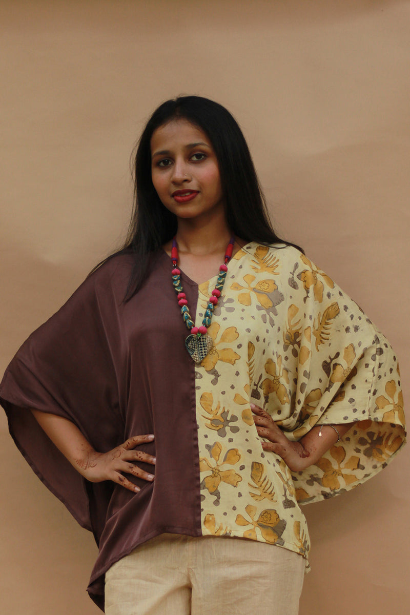 Taarini | Modal Silk Kaftan Top | Yellow Vanaspati with Brown