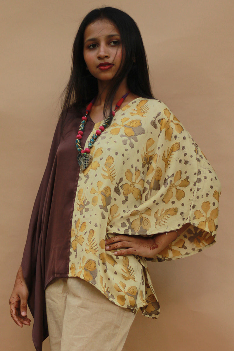 Taarini | Modal Silk Kaftan Top | Yellow Vanaspati with Brown