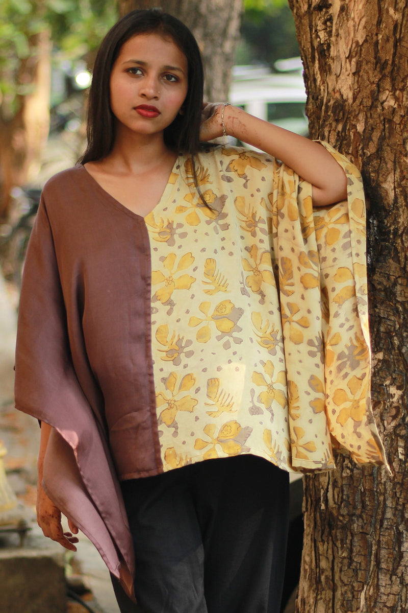Taarini | Modal Silk Kaftan Top | Yellow Vanaspati with Brown