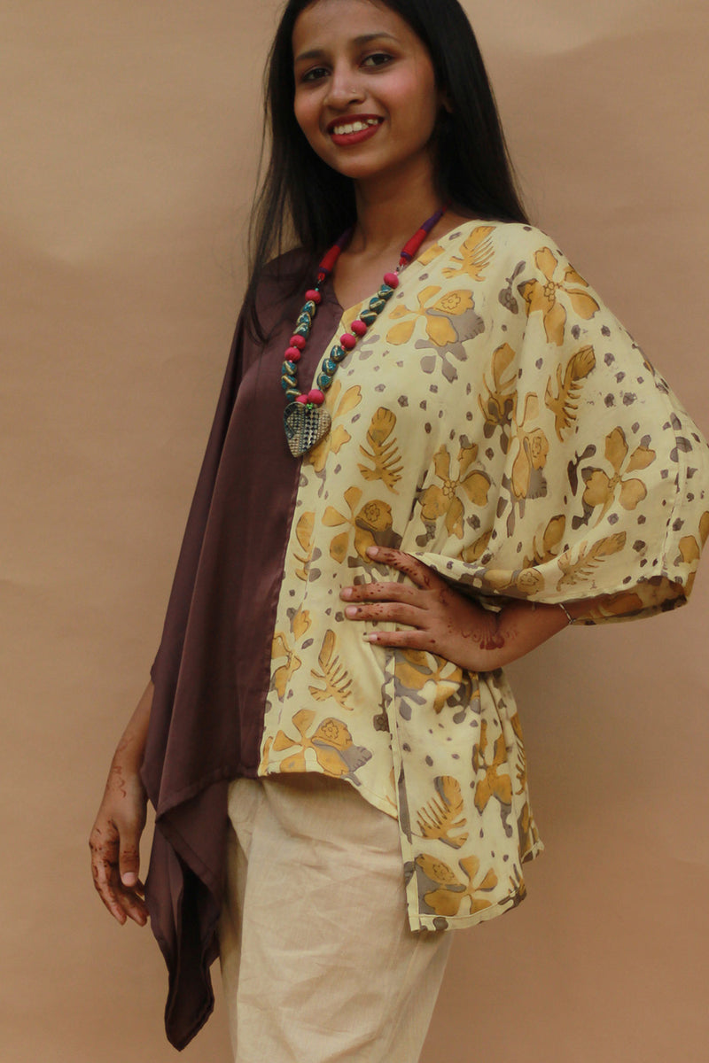 Taarini | Modal Silk Kaftan Top | Yellow Vanaspati with Brown
