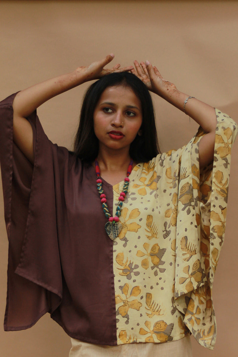 Taarini | Modal Silk Kaftan Top | Yellow Vanaspati with Brown