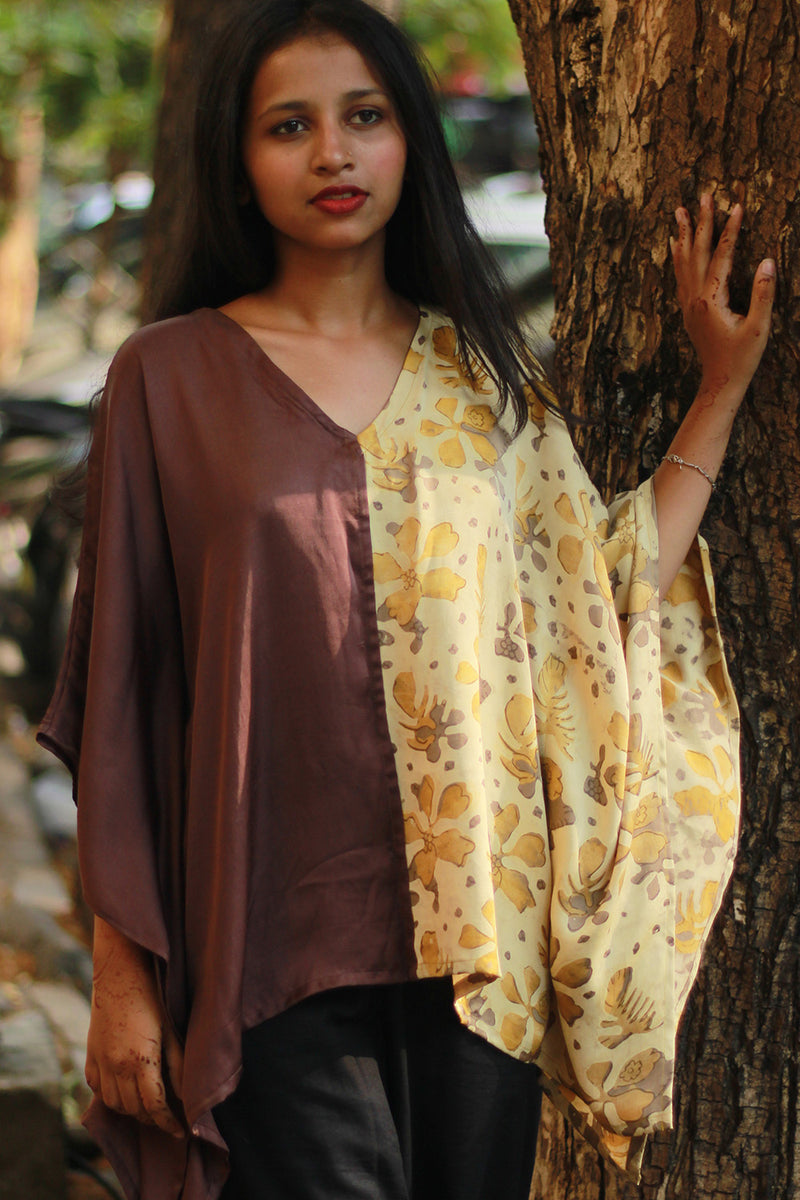Taarini | Modal Silk Kaftan Top | Yellow Vanaspati with Brown
