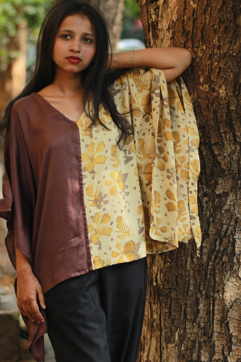 Taarini | Modal Silk Kaftan Top | Yellow Vanaspati with Brown