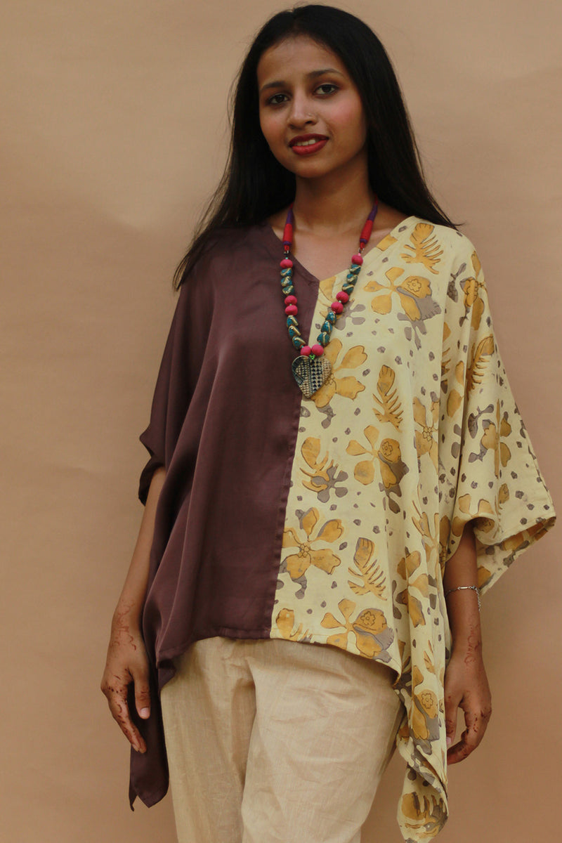 Taarini | Modal Silk Kaftan Top | Yellow Vanaspati with Brown