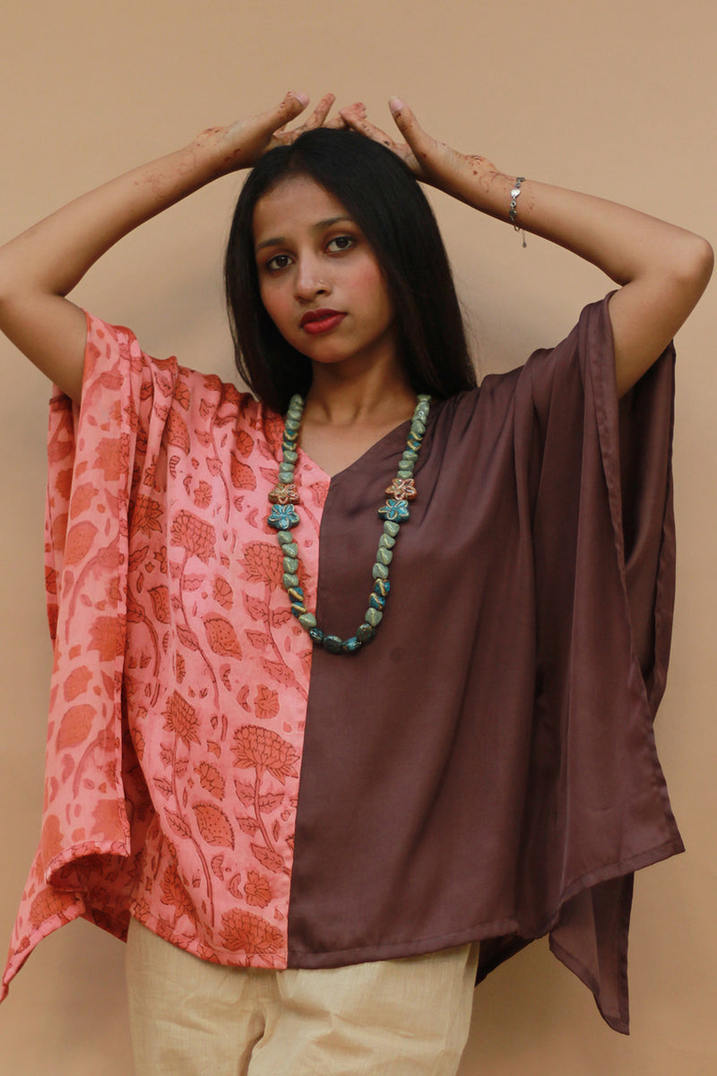 Taarini | Modal Silk Kaftan Top | Peach Vanaspati with Brown