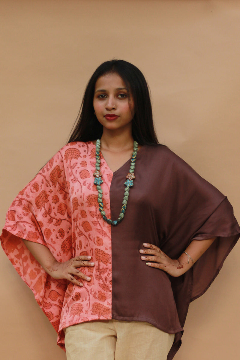 Taarini | Modal Silk Kaftan Top | Peach Vanaspati with Brown