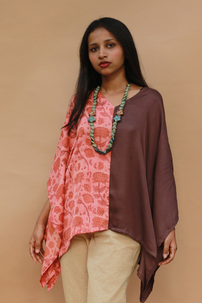 Taarini | Modal Silk Kaftan Top | Peach Vanaspati with Brown