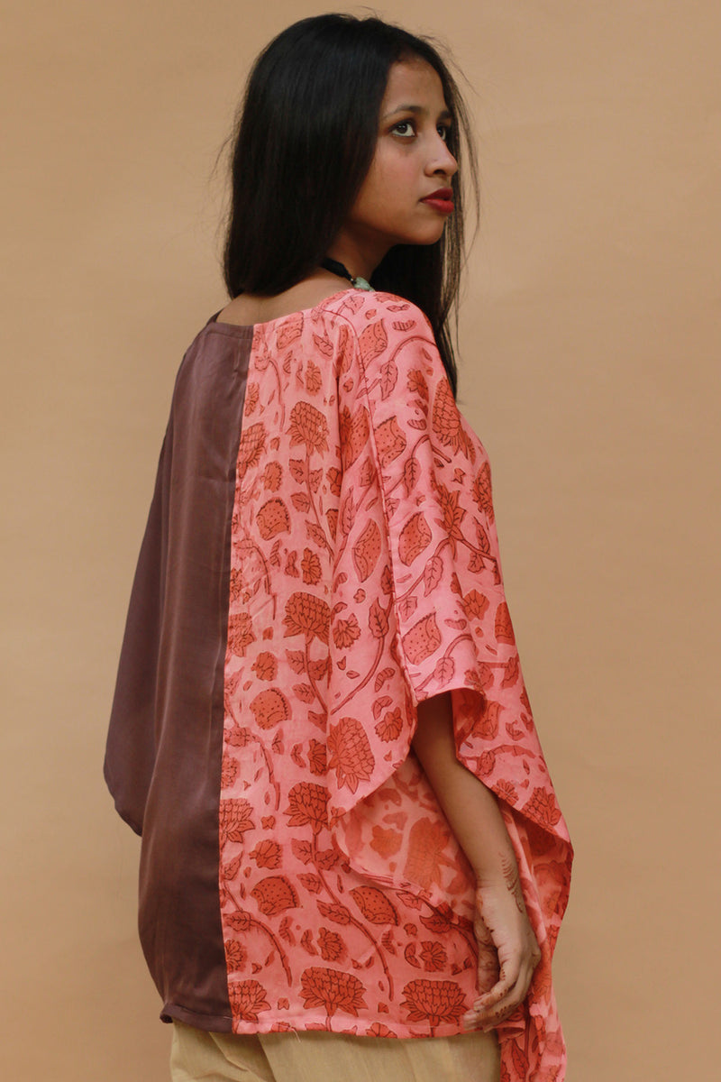 Taarini | Modal Silk Kaftan Top | Peach Vanaspati with Brown