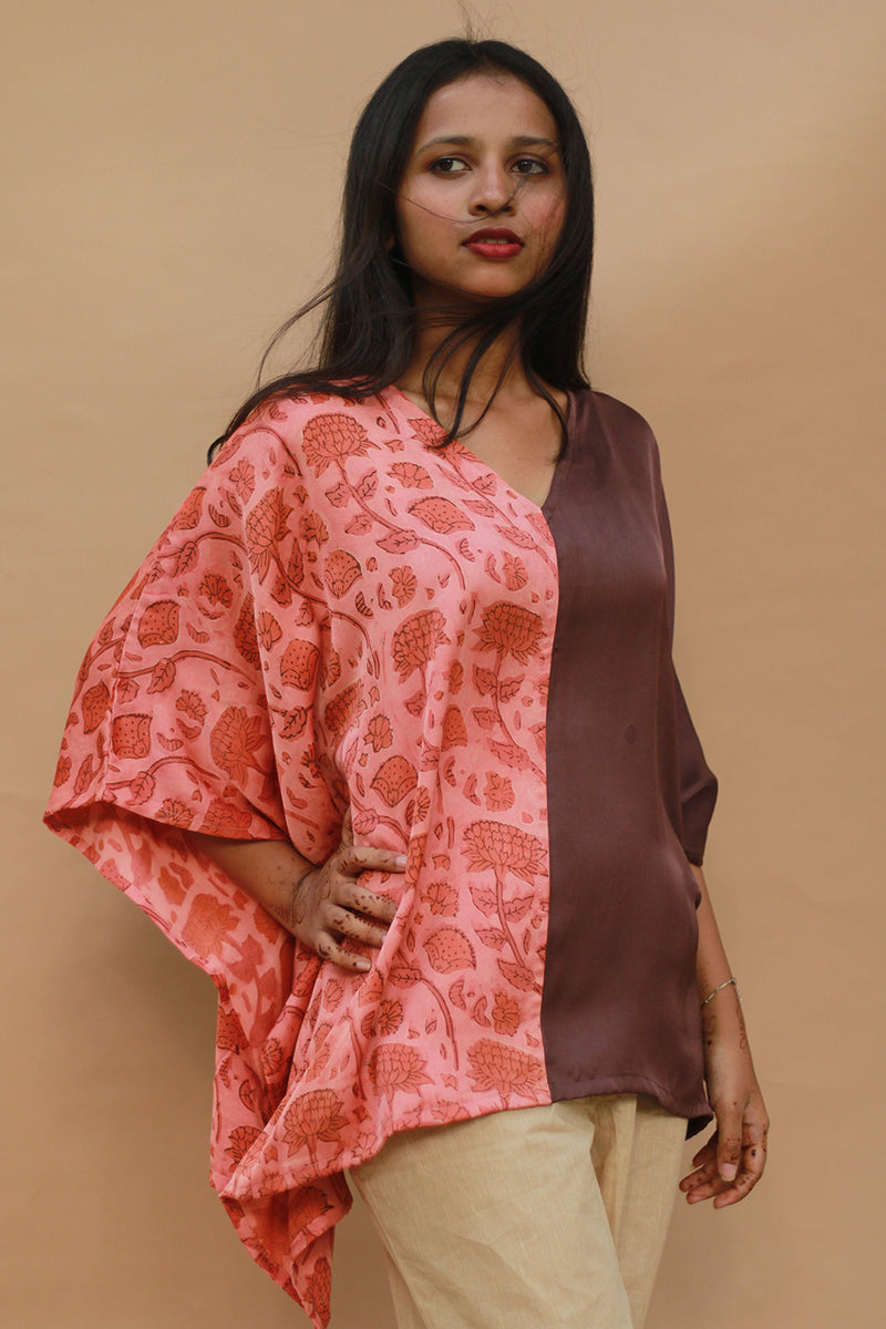 Taarini | Modal Silk Kaftan Top | Peach Vanaspati with Brown