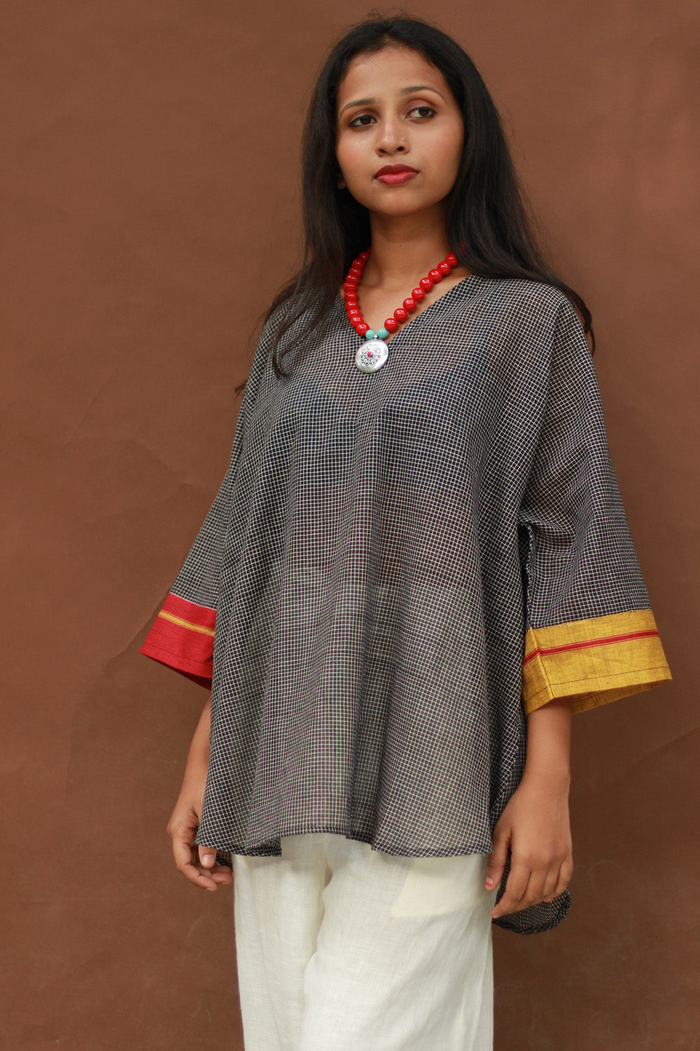 Taral | Anti Fit Cotton Top | Patteda Anchu | Noir with Yellow & Rouge