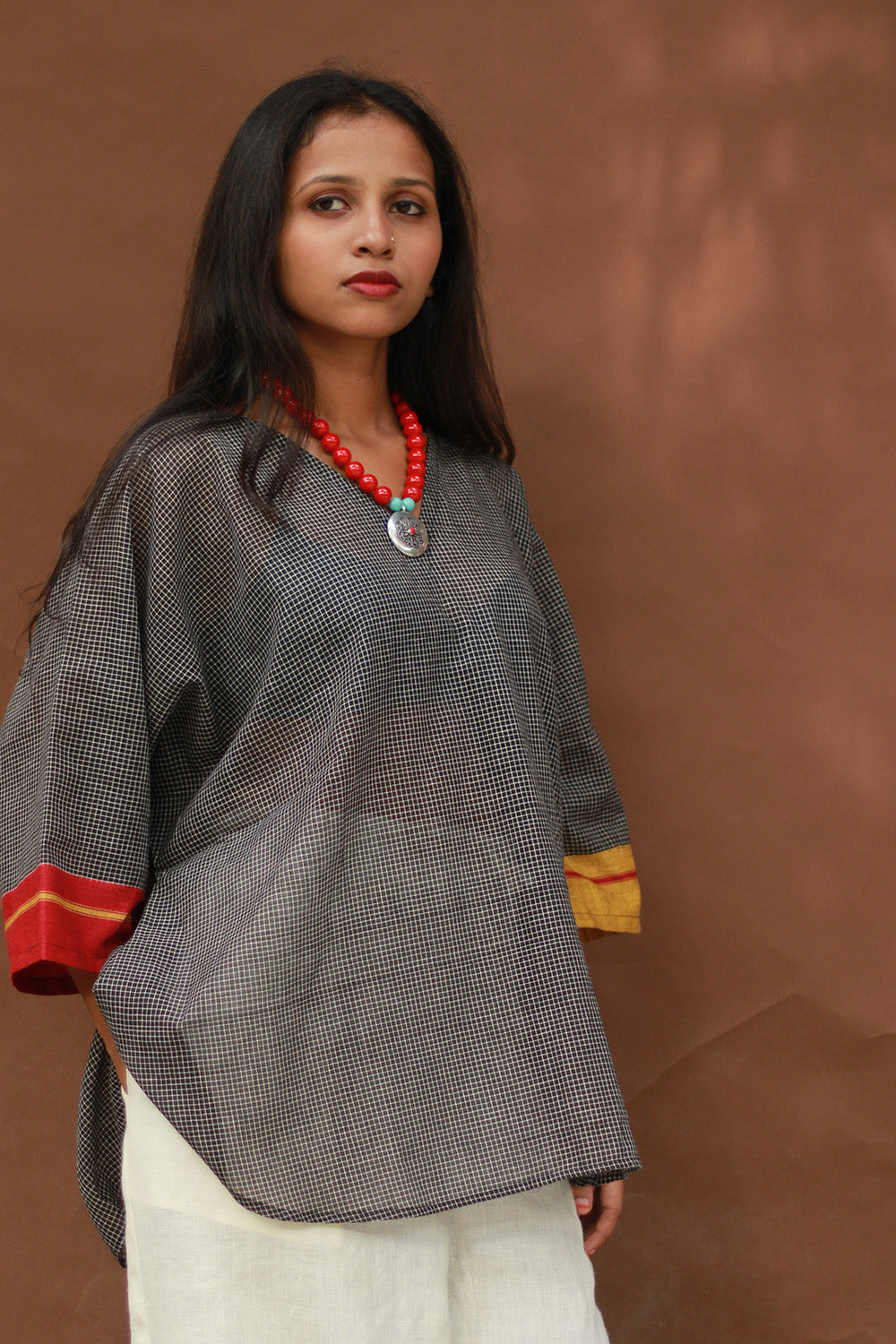 Taral | Anti Fit Cotton Top | Patteda Anchu | Noir with Yellow & Rouge