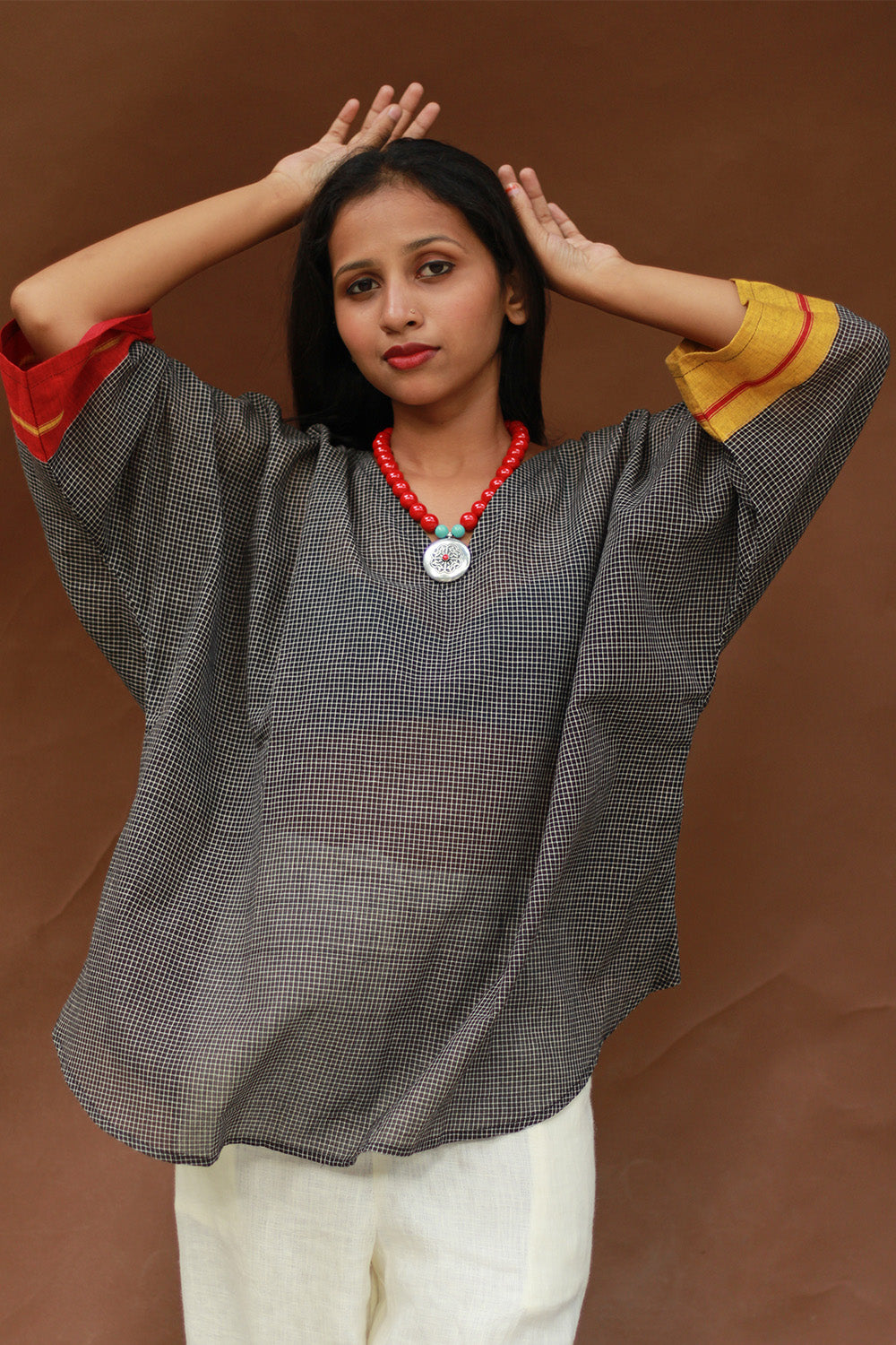 Taral | Anti Fit Cotton Top | Patteda Anchu | Noir with Yellow & Rouge