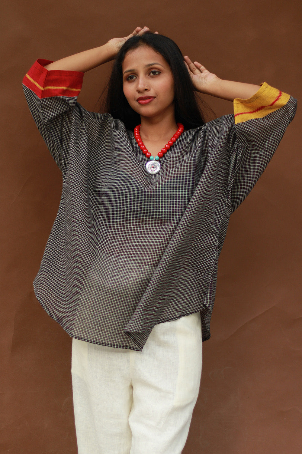 Taral | Anti Fit Cotton Top | Patteda Anchu | Noir with Yellow & Rouge