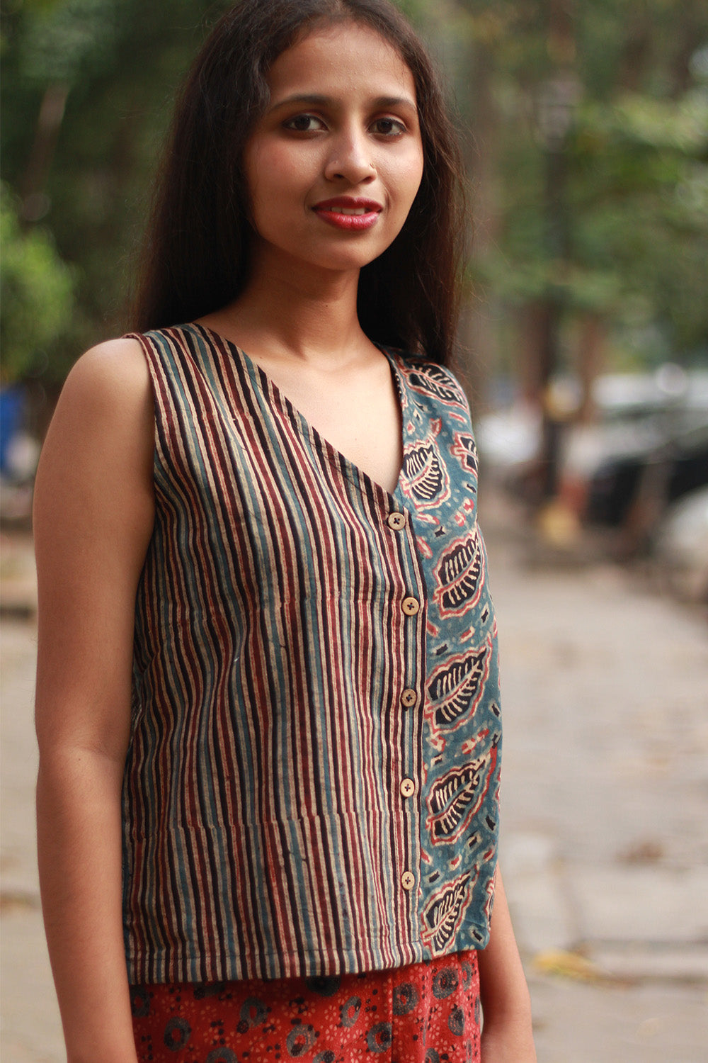 Dhaariyan | Front Buttoned Vest | Cotton | Blue Leaves with Stripes Ajrakh