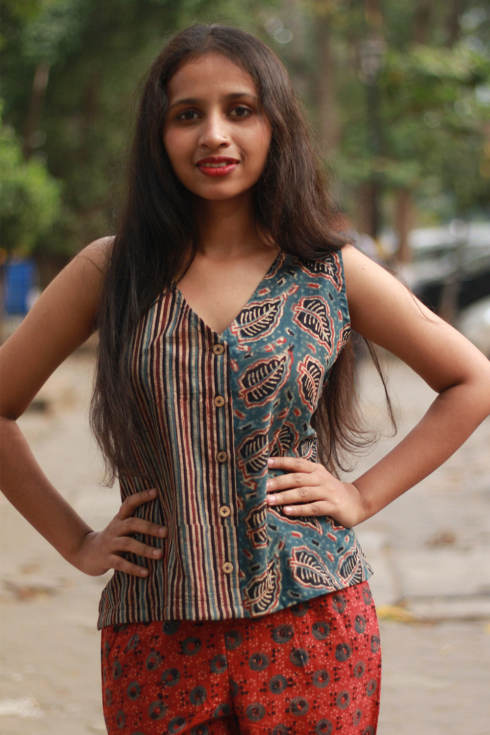 Dhaariyan | Front Buttoned Vest | Cotton | Blue Leaves with Stripes Ajrakh