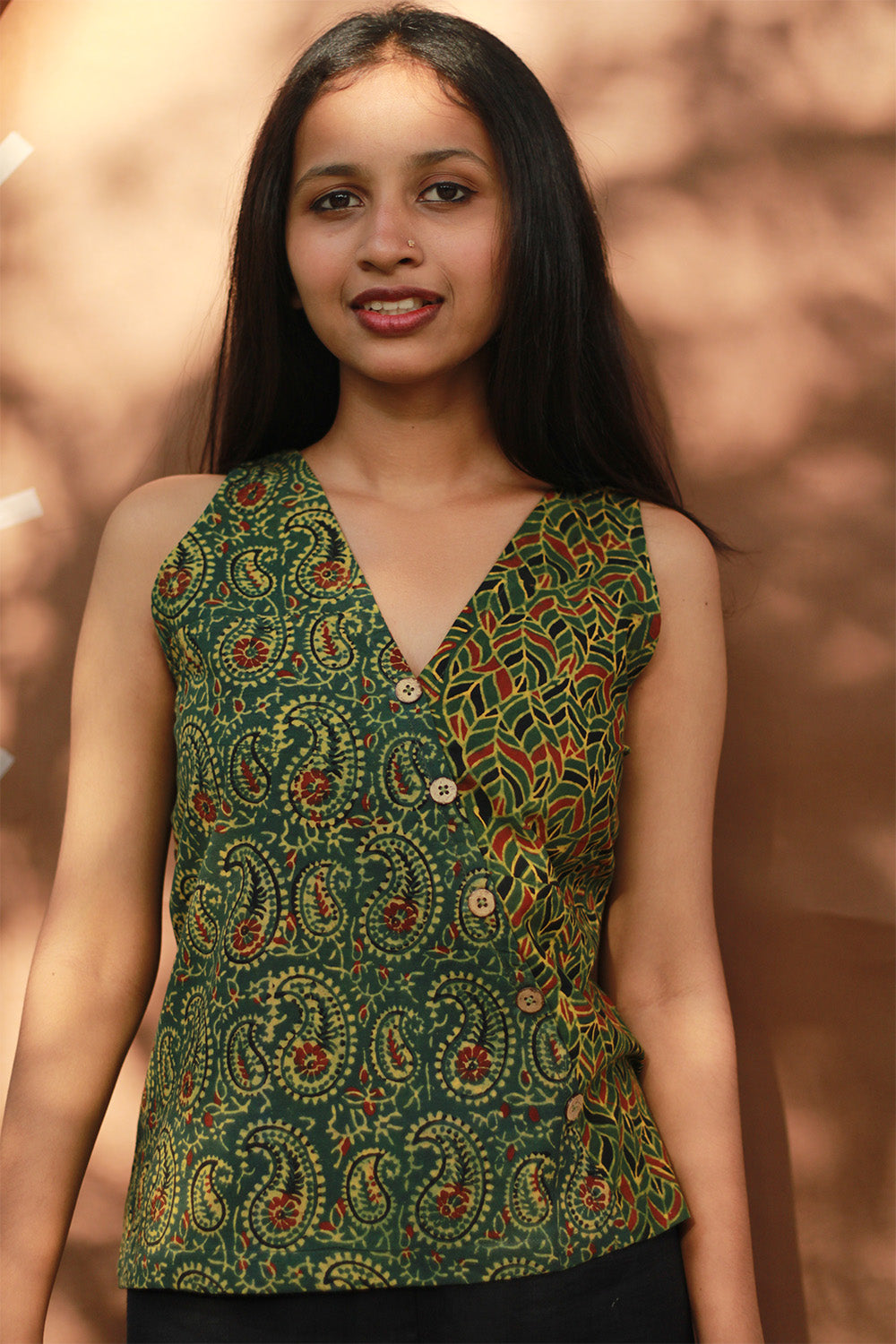 Bhoomi | Sleeveless Crossover Top | Green Kairi & Leaves Ajrakh