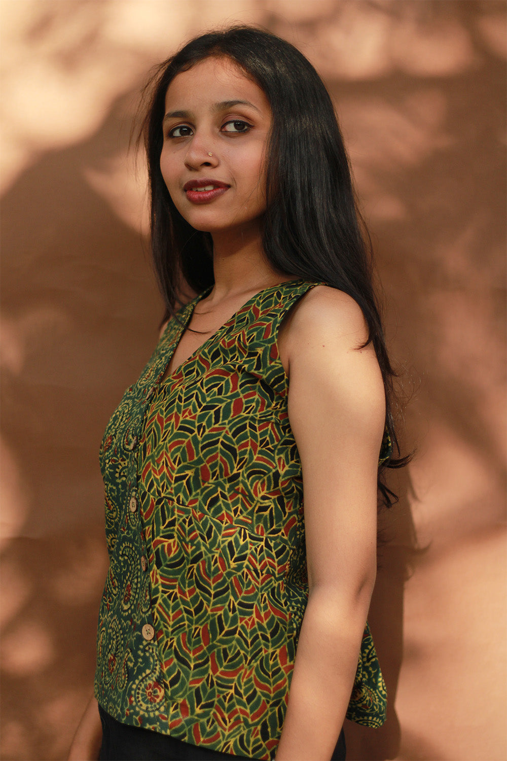 Bhoomi | Sleeveless Crossover Top | Green Kairi & Leaves Ajrakh