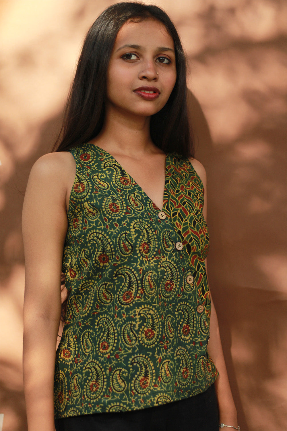 Bhoomi | Sleeveless Crossover Top | Green Kairi & Leaves Ajrakh