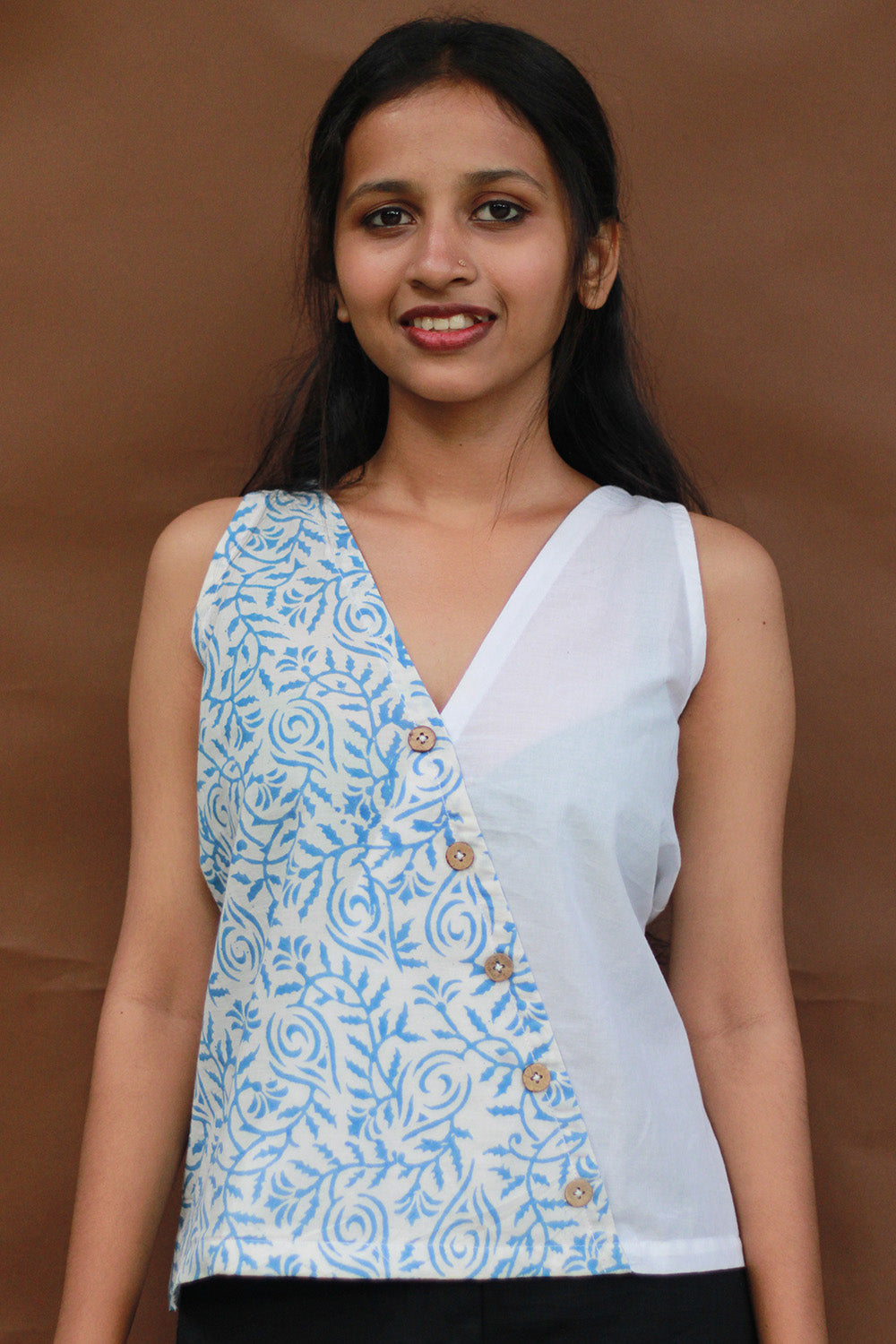 Bhoomi | Sleeveless Crossover Top | Ivory & Blue