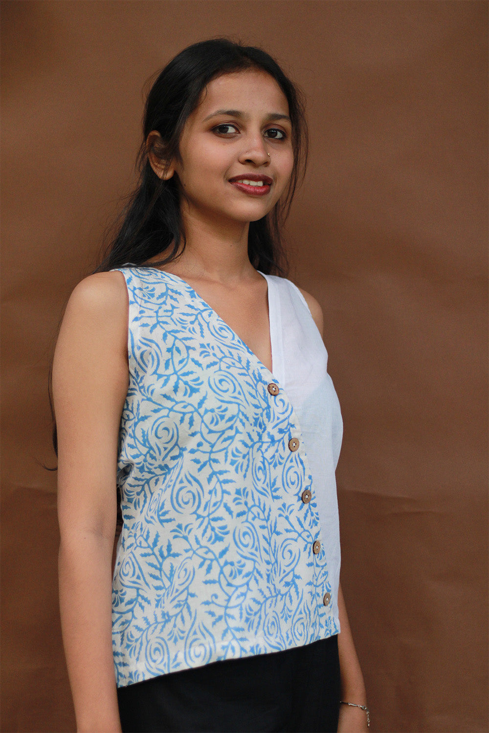 Bhoomi | Sleeveless Crossover Top | Ivory & Blue