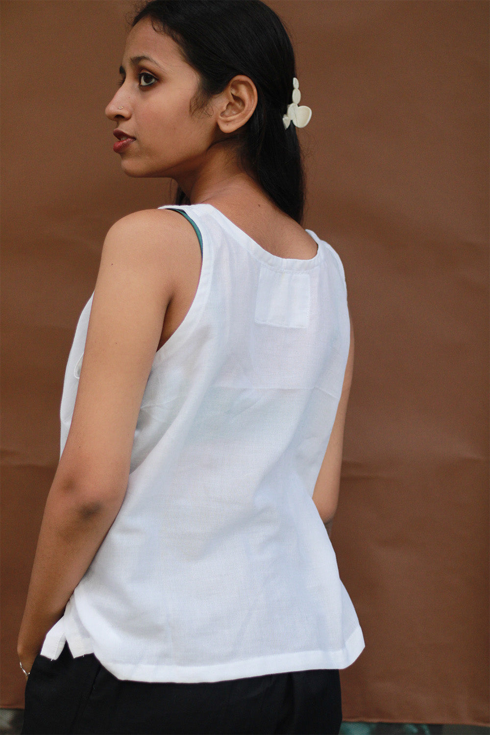 Bhoomi | Sleeveless Crossover Top | Ivory & Blue