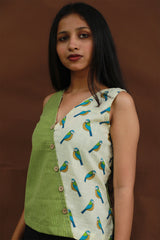 Bhoomi | Sleeveless Crossover Top | Green Stripes with Birds
