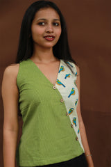 Bhoomi | Sleeveless Crossover Top | Green Stripes with Birds
