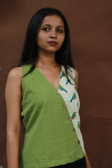 Bhoomi | Sleeveless Crossover Top | Green Stripes with Birds