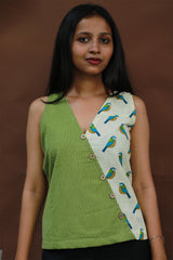 Bhoomi | Sleeveless Crossover Top | Green Stripes with Birds