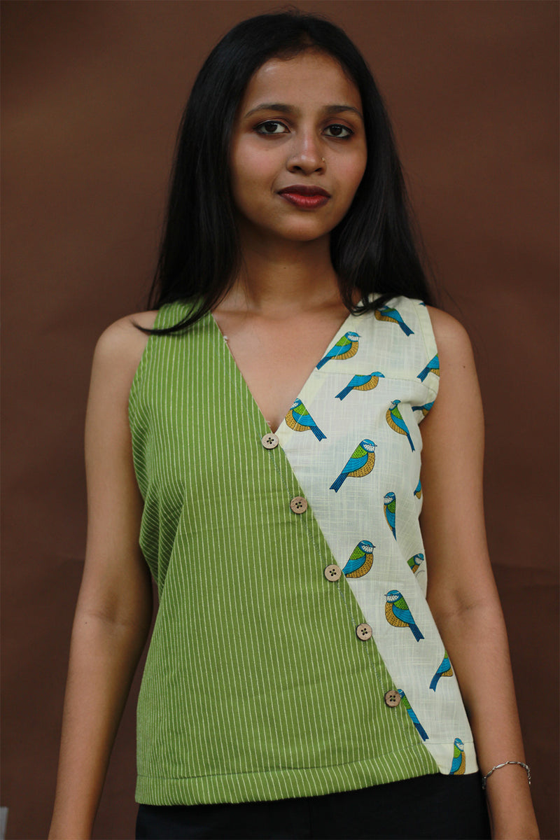 Bhoomi | Sleeveless Crossover Top | Green Stripes with Birds