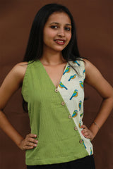 Bhoomi | Sleeveless Crossover Top | Green Stripes with Birds