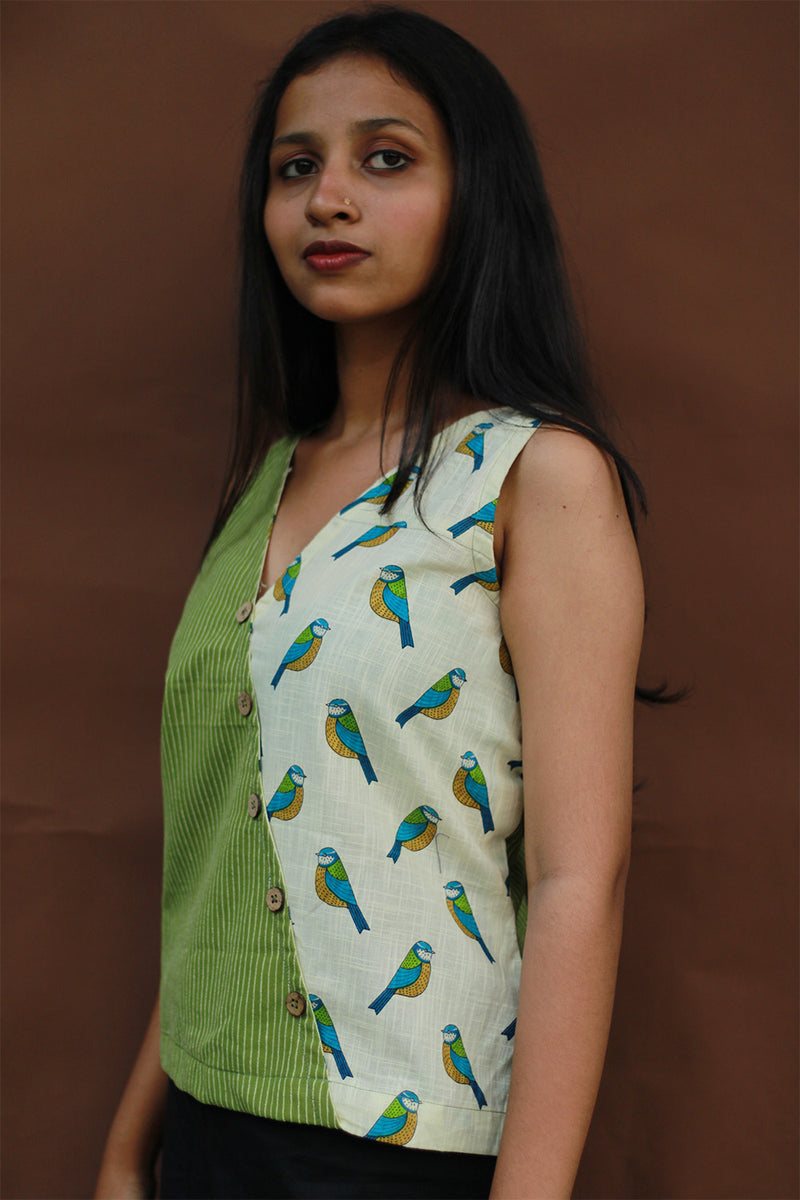 Bhoomi | Sleeveless Crossover Top | Green Stripes with Birds