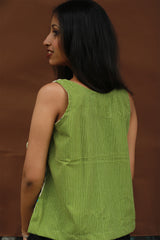 Bhoomi | Sleeveless Crossover Top | Green Stripes with Birds