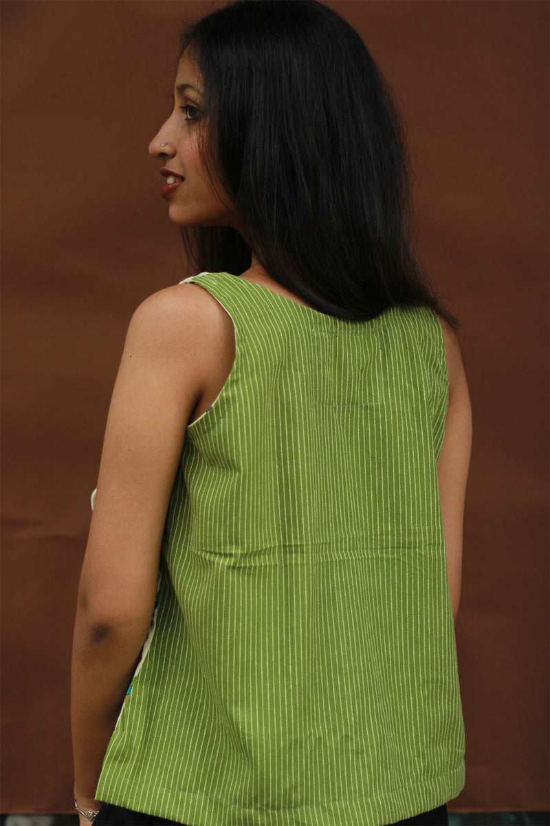 Bhoomi | Sleeveless Crossover Top | Green Stripes with Birds