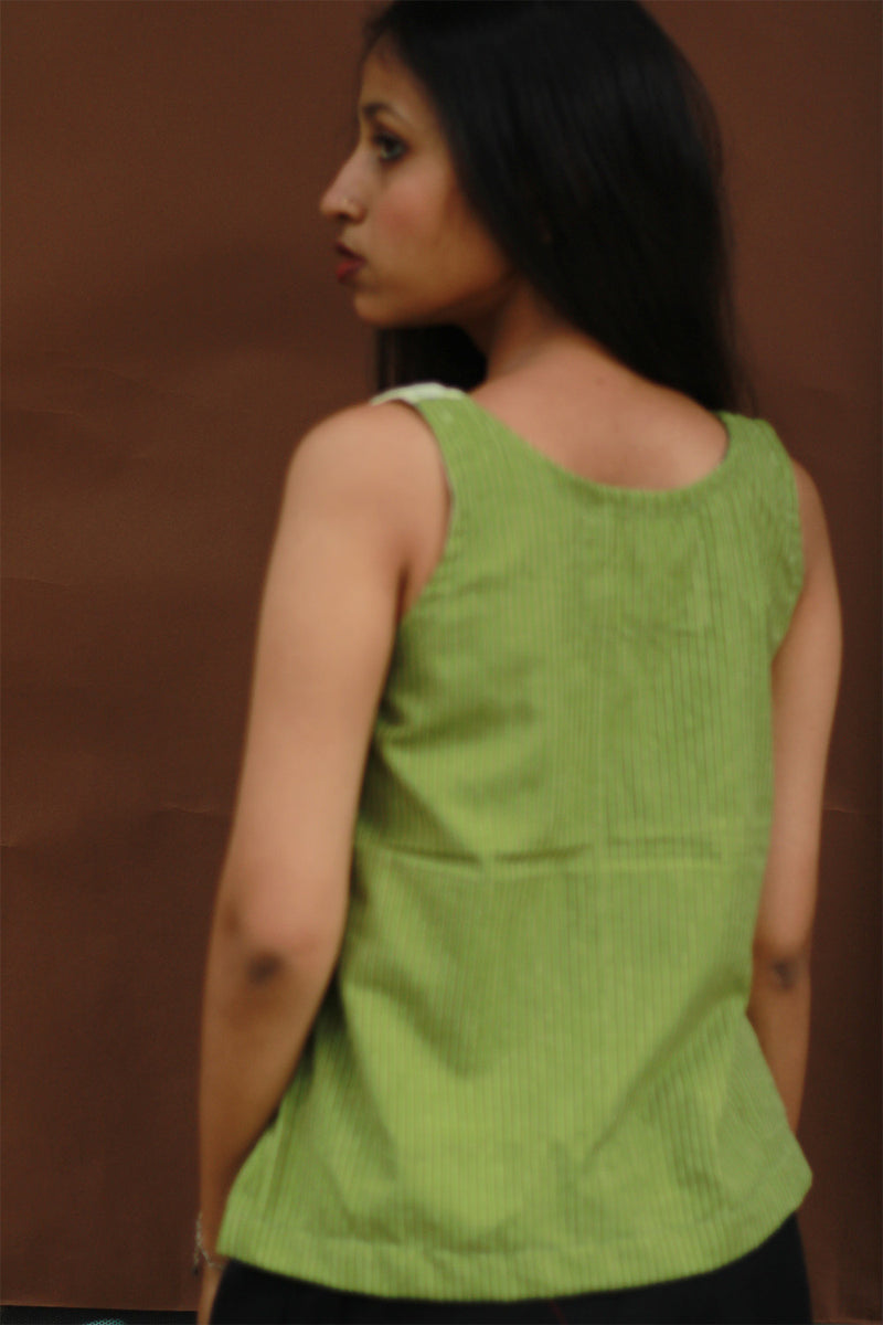 Bhoomi | Sleeveless Crossover Top | Green Stripes with Birds