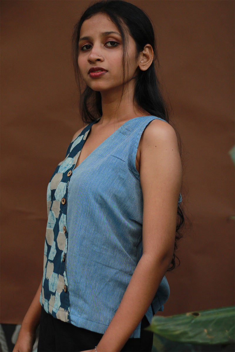 Bhoomi | Sleeveless Crossover Top | Cyan Stripes