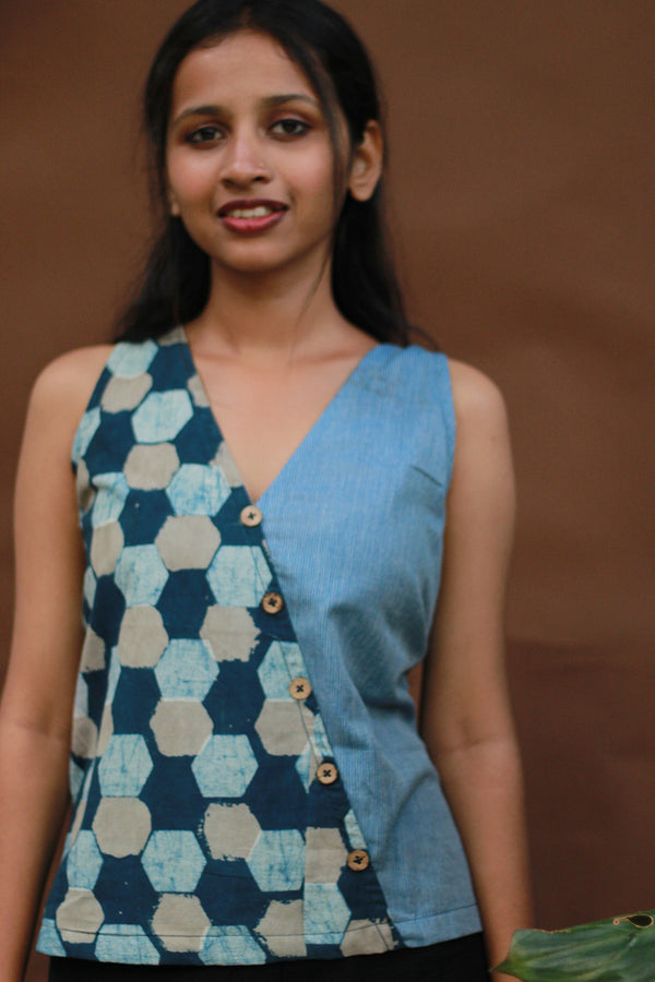 Bhoomi | Sleeveless Crossover Top | Cyan Stripes