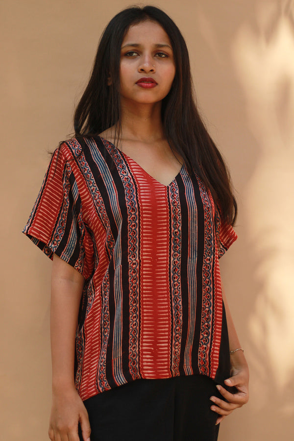Modal Silk Top | Madder Stripes Ajrakh