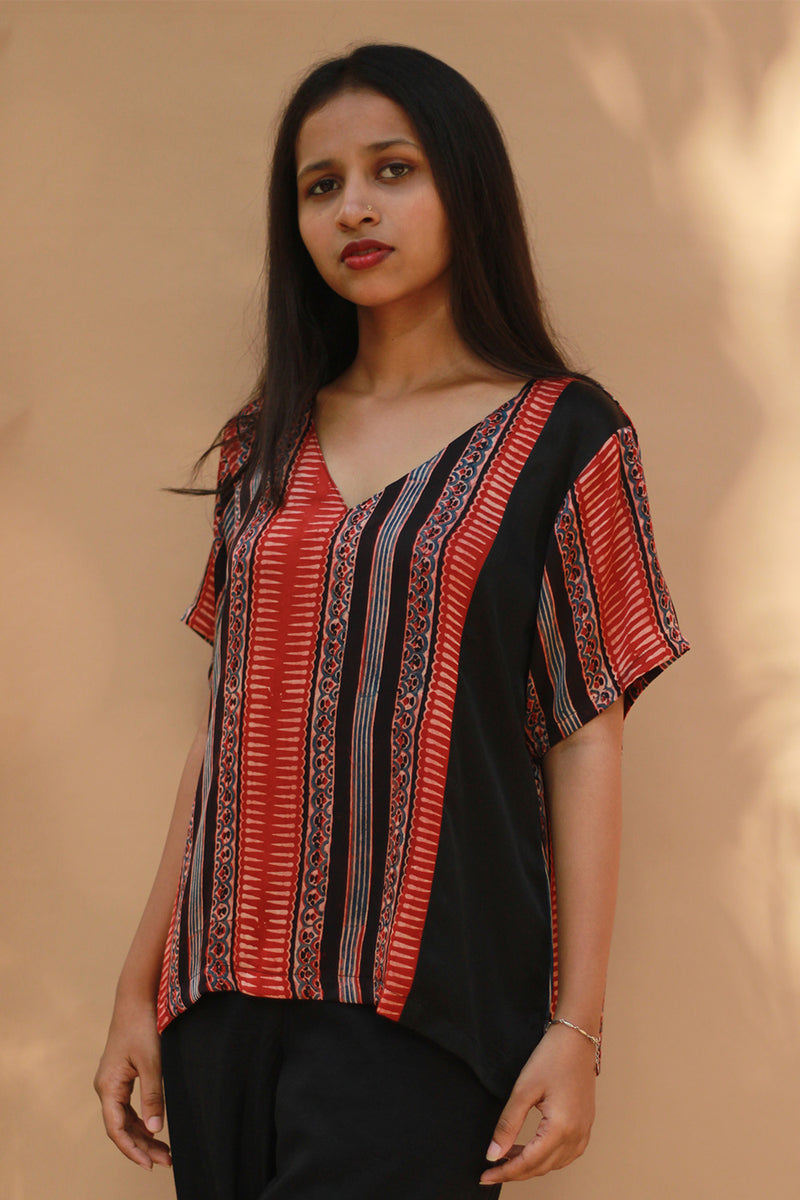 Modal Silk Top | Madder Stripes Ajrakh