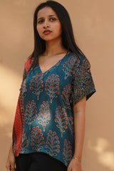Modal Silk Top | Blue Booti with Madder Stripes Ajrakh