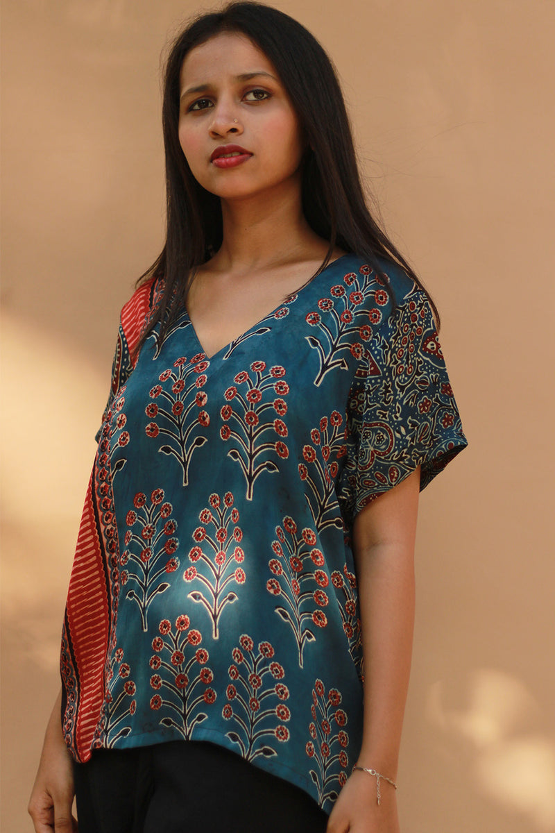 Modal Silk Top | Blue Booti with Madder Stripes Ajrakh
