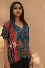 Modal Silk Top | Blue Booti with Madder Stripes Ajrakh
