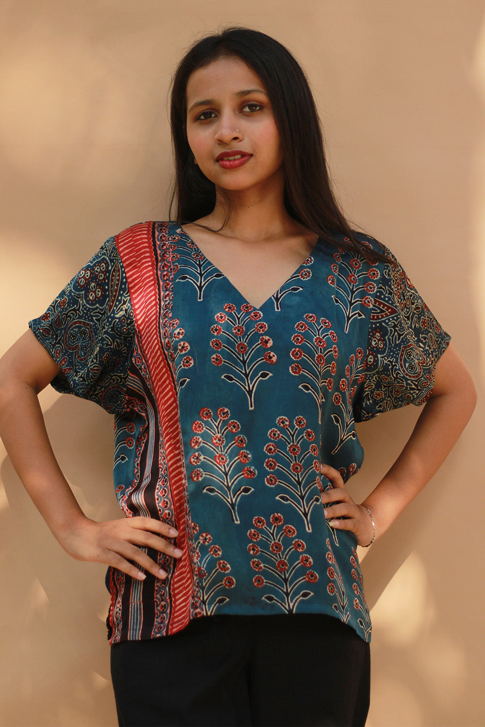 Modal Silk Top | Blue Booti with Madder Stripes Ajrakh